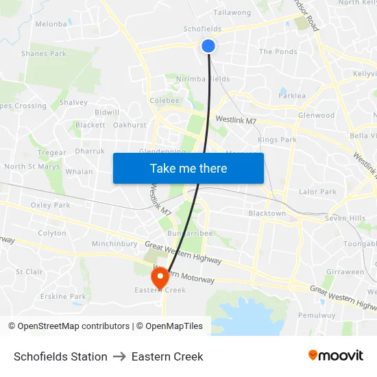 Schofields Station to Eastern Creek map
