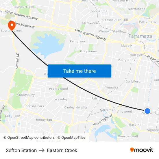 Sefton Station to Eastern Creek map