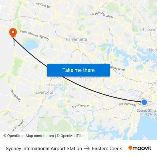 Sydney International Airport Station to Eastern Creek map