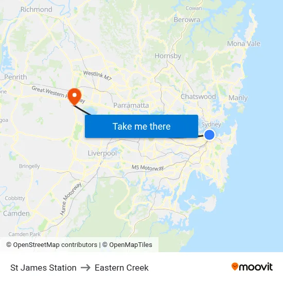 St James Station to Eastern Creek map