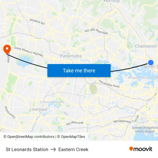 St Leonards Station to Eastern Creek map