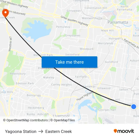 Yagoona Station to Eastern Creek map