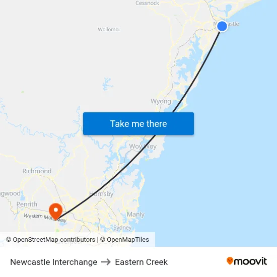 Newcastle Interchange to Eastern Creek map
