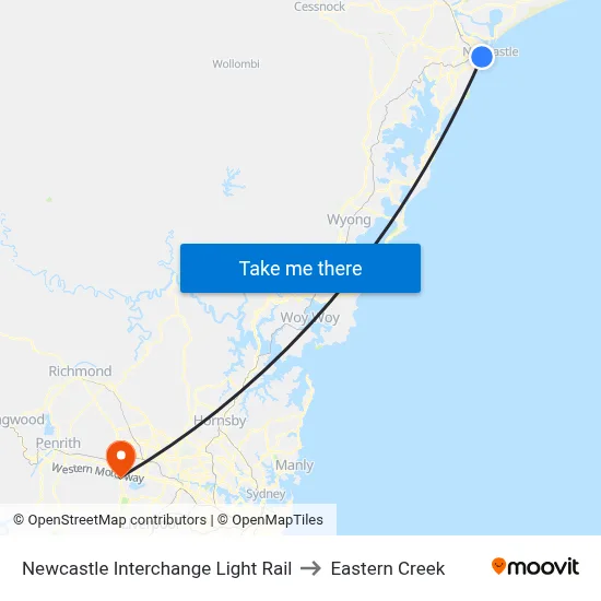 Newcastle Interchange Light Rail to Eastern Creek map