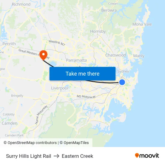 Surry Hills Light Rail to Eastern Creek map