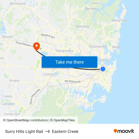 Surry Hills Light Rail to Eastern Creek map