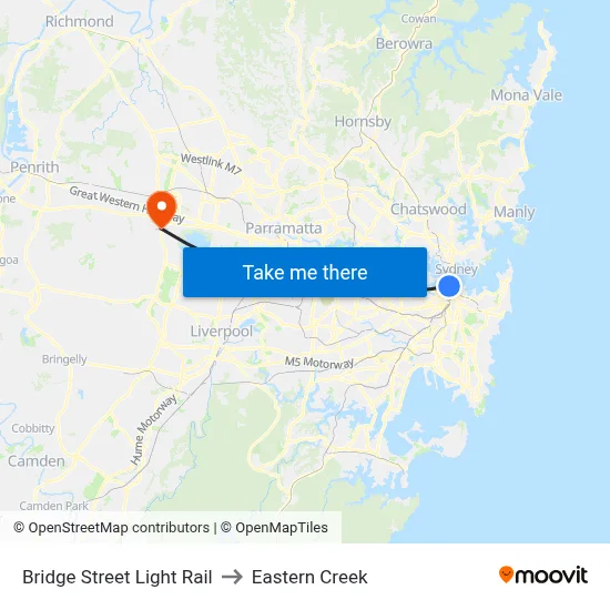 Bridge Street Light Rail to Eastern Creek map