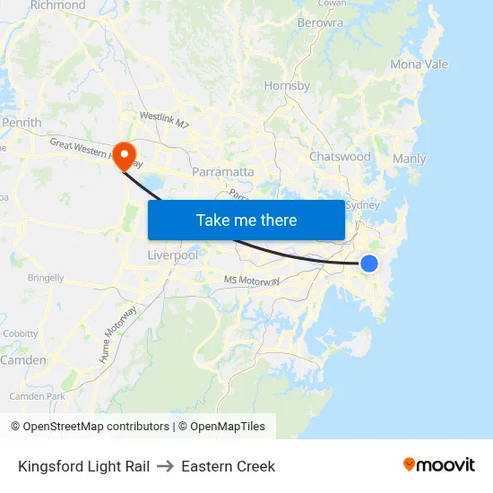 Kingsford Light Rail to Eastern Creek map