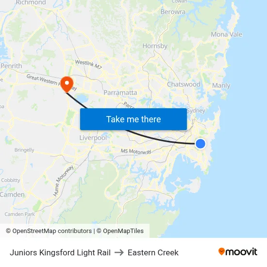 Juniors Kingsford Light Rail to Eastern Creek map