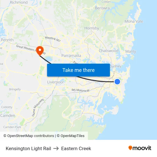 Kensington Light Rail to Eastern Creek map