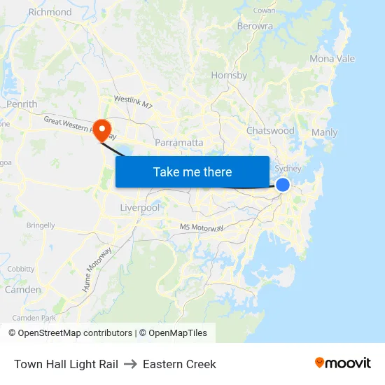 Town Hall Light Rail to Eastern Creek map