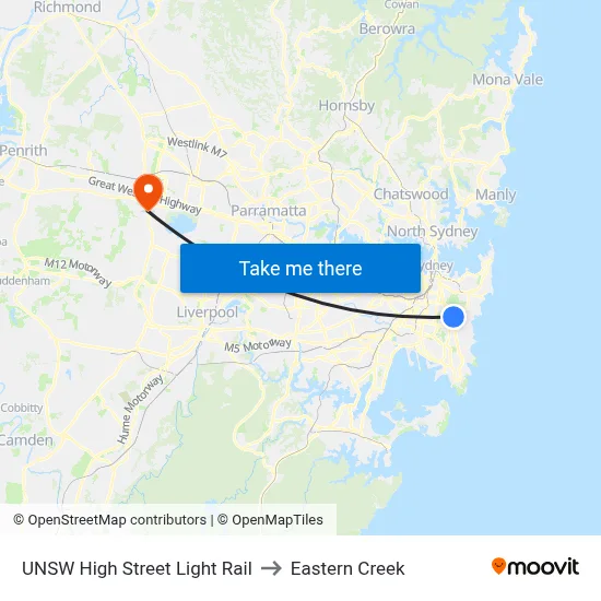 UNSW High Street Light Rail to Eastern Creek map