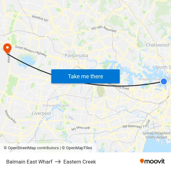 Balmain East Wharf to Eastern Creek map