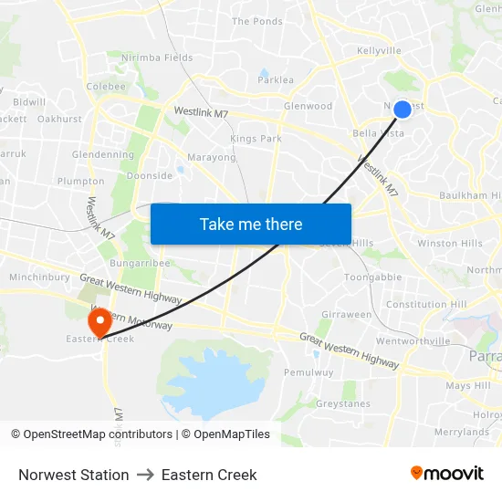 Norwest Station to Eastern Creek map