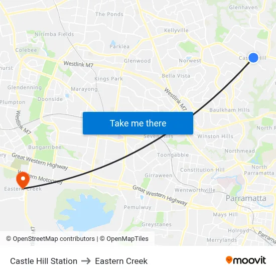 Castle Hill Station to Eastern Creek map