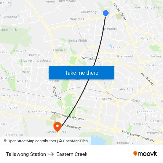 Tallawong Station to Eastern Creek map