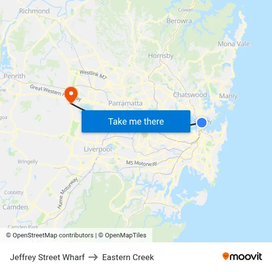 Jeffrey Street Wharf to Eastern Creek map