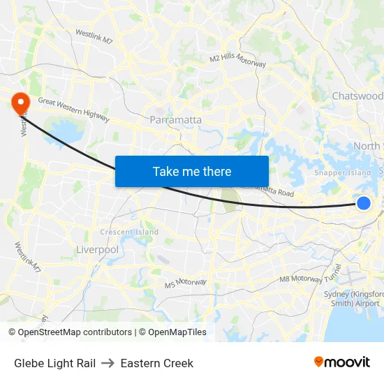Glebe Light Rail to Eastern Creek map