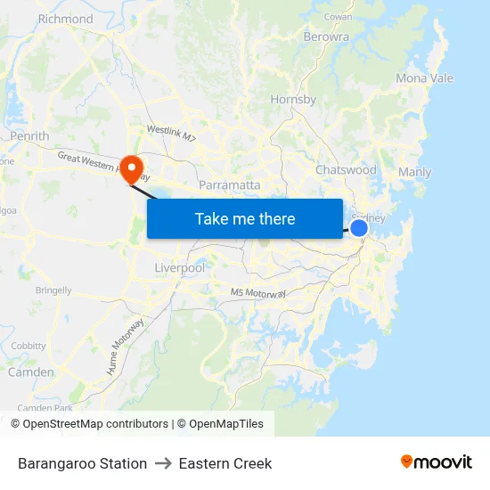 Barangaroo Station to Eastern Creek map