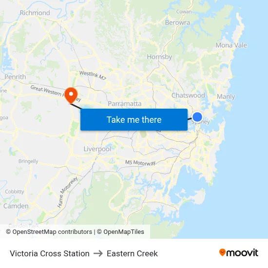 Victoria Cross Station to Eastern Creek map