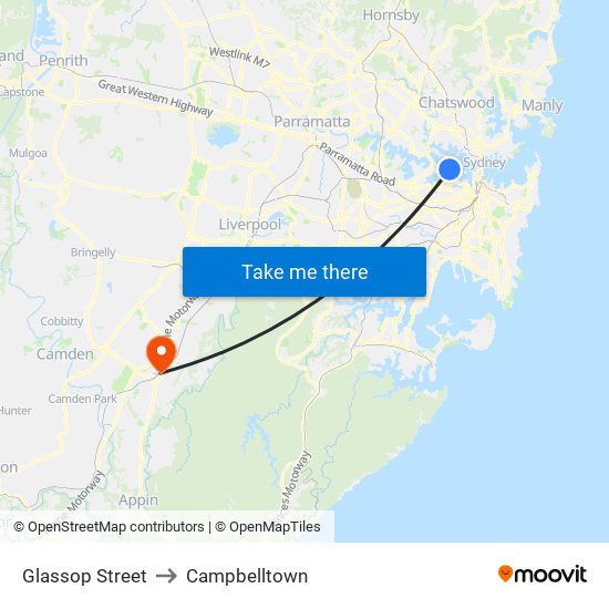 Glassop Street to Campbelltown map