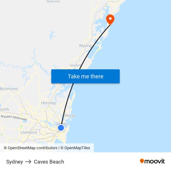 Sydney to Caves Beach map