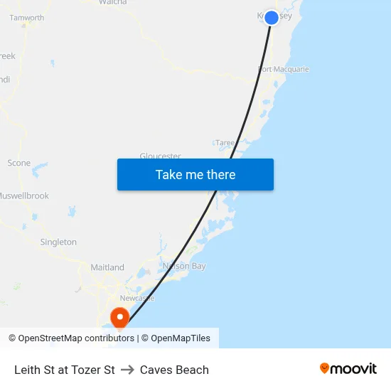 Leith St at Tozer St to Caves Beach map