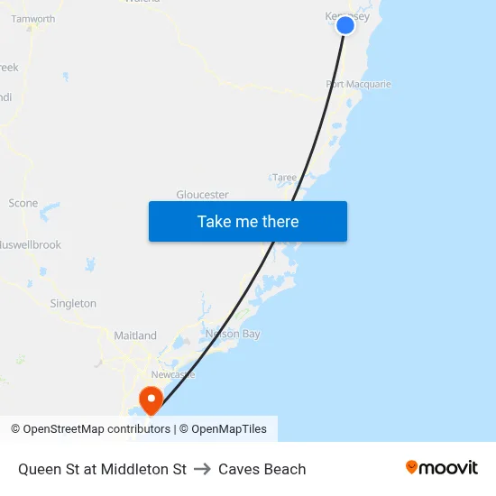 Queen St at Middleton St to Caves Beach map