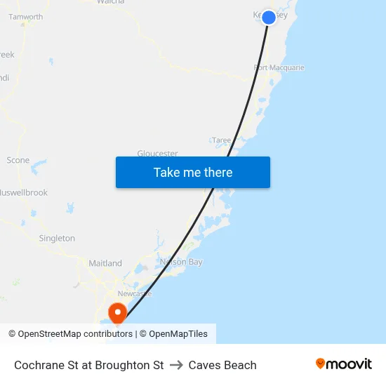 Cochrane St at Broughton St to Caves Beach map