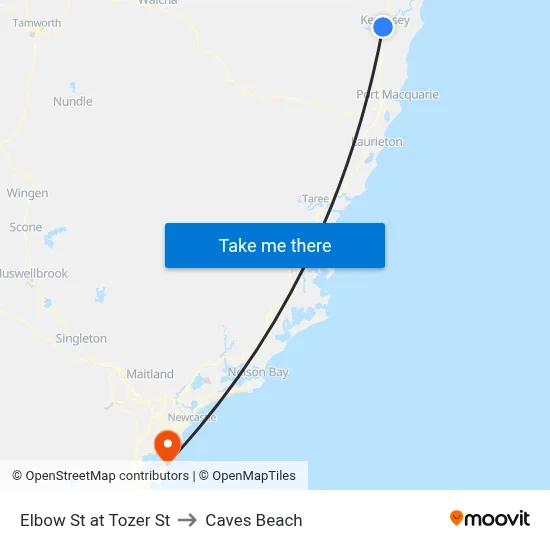 Elbow St at Tozer St to Caves Beach map