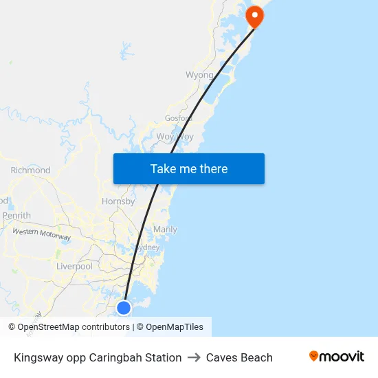 Kingsway opp Caringbah Station to Caves Beach map