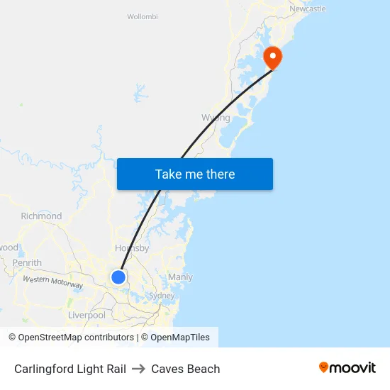 Carlingford Light Rail to Caves Beach map