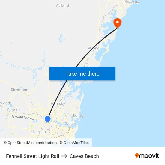 Fennell Street Light Rail to Caves Beach map