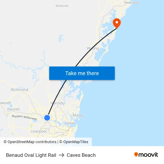 Benaud Oval Light Rail to Caves Beach map