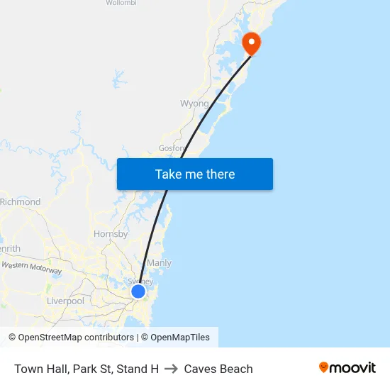 Town Hall, Park St, Stand H to Caves Beach map