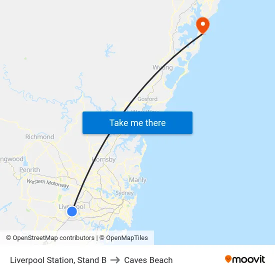 Liverpool Station, Stand B to Caves Beach map