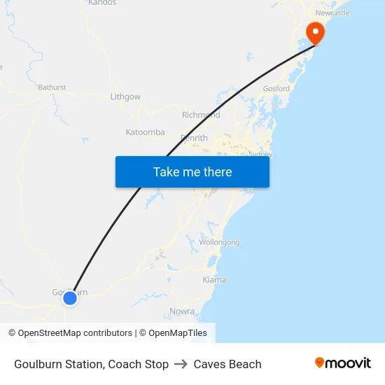 Goulburn Station, Coach Stop to Caves Beach map