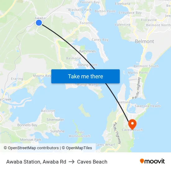 Awaba Station, Awaba Rd to Caves Beach map