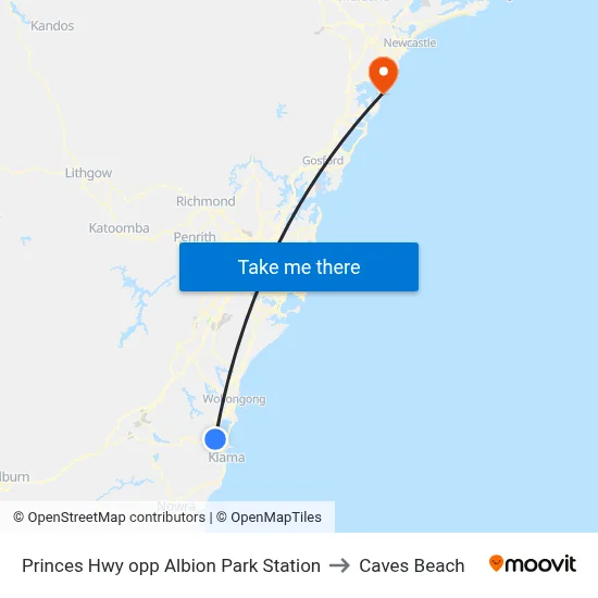 Princes Hwy opp Albion Park Station to Caves Beach map