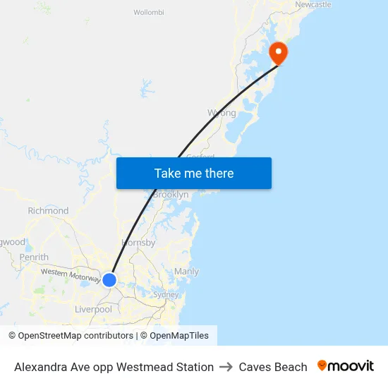 Alexandra Ave opp Westmead Station to Caves Beach map