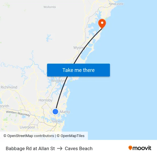 Babbage Rd at Allan St to Caves Beach map