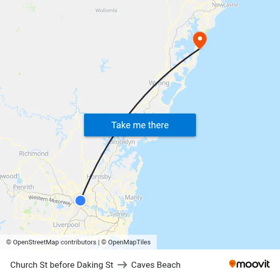 Church St before Daking St to Caves Beach map