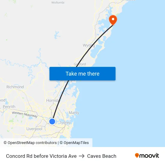 Concord Rd before Victoria Ave to Caves Beach map