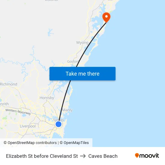 Elizabeth St before Cleveland St to Caves Beach map
