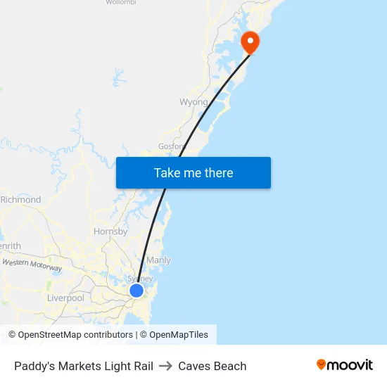 Paddy's Markets Light Rail to Caves Beach map