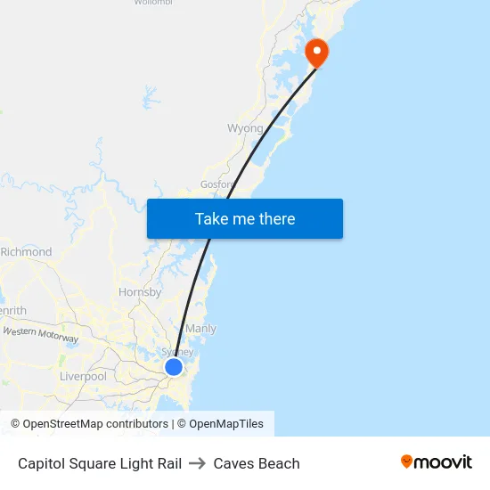 Capitol Square Light Rail to Caves Beach map