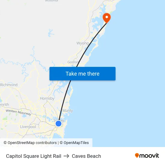 Capitol Square Light Rail to Caves Beach map