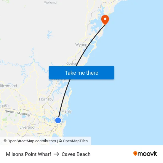 Milsons Point Wharf to Caves Beach map