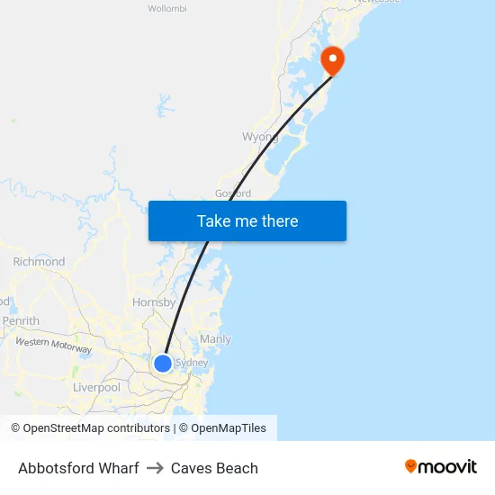 Abbotsford Wharf to Caves Beach map