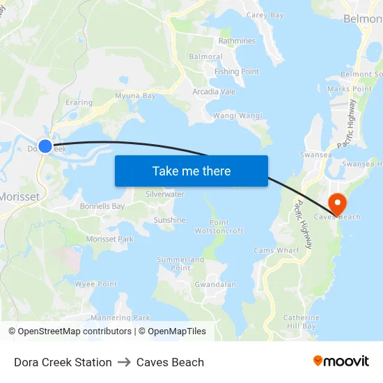 Dora Creek Station to Caves Beach map